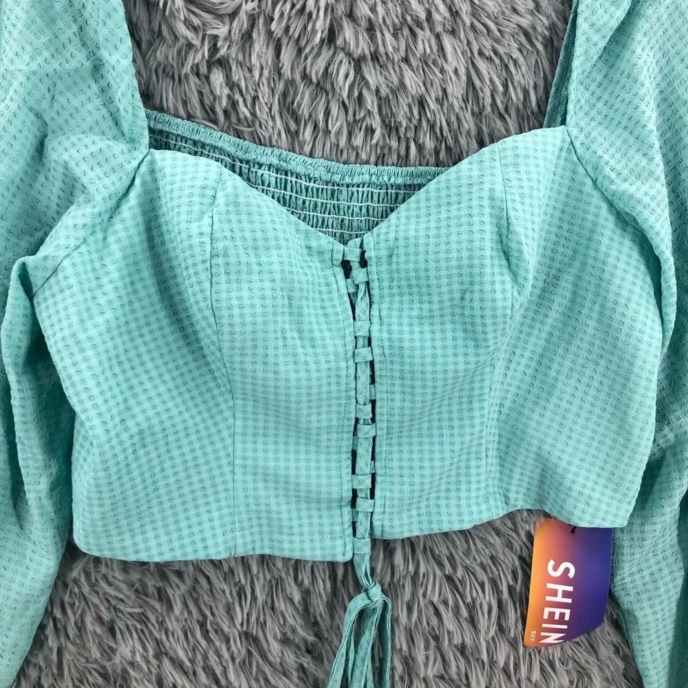 Shein Crop Top Womens 2XL Curve Blue Bustier Square Neck Lace Balloon Sleeve - Picture 3 of 10